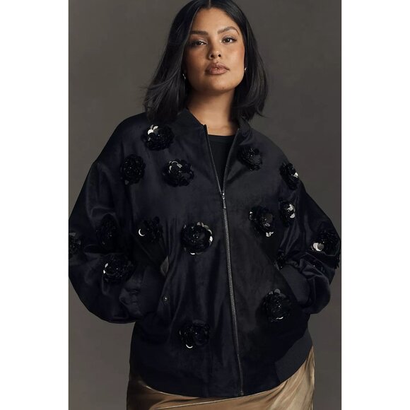 Anthropologie Velvet Floral Embroidered Bomber Jacket Black by Eva Franco